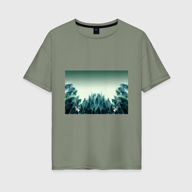 Женская футболка хлопок Oversize с принтом акварельный лес градиент , 100% хлопок | свободный крой, круглый ворот, спущенный рукав, длина до линии бедер
 | акварель | горы | деревья | дымка | ели | лес | нрадиент | олень | отражение | природа | рисунок | силуэты