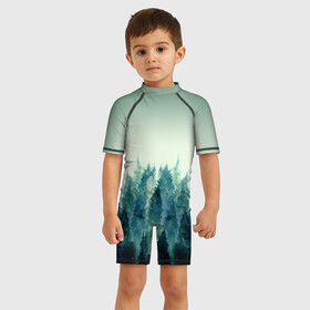 Детский купальный костюм 3D с принтом акварельный лес градиент , Полиэстер 85%, Спандекс 15% | застежка на молнии на спине | Тематика изображения на принте: акварель | горы | деревья | дымка | ели | лес | нрадиент | олень | отражение | природа | рисунок | силуэты