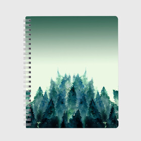 Тетрадь с принтом акварельный лес градиент , 100% бумага | 48 листов, плотность листов — 60 г/м2, плотность картонной обложки — 250 г/м2. Листы скреплены сбоку удобной пружинной спиралью. Уголки страниц и обложки скругленные. Цвет линий — светло-серый
 | Тематика изображения на принте: акварель | горы | деревья | дымка | ели | лес | нрадиент | олень | отражение | природа | рисунок | силуэты