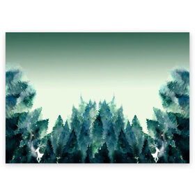 Поздравительная открытка с принтом акварельный лес градиент , 100% бумага | плотность бумаги 280 г/м2, матовая, на обратной стороне линовка и место для марки
 | Тематика изображения на принте: акварель | горы | деревья | дымка | ели | лес | нрадиент | олень | отражение | природа | рисунок | силуэты