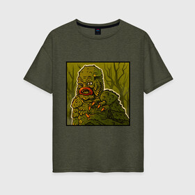 Женская футболка хлопок Oversize с принтом Swamp monster , 100% хлопок | свободный крой, круглый ворот, спущенный рукав, длина до линии бедер
 | art | monster | monstr | pop art | арт | болотное чудовище | болото | монстр | поп арт | чудище | чудовище | шрек