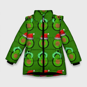 Зимняя куртка для девочек 3D с принтом Авокадо отмечают Новый год! , ткань верха — 100% полиэстер; подклад — 100% полиэстер, утеплитель — 100% полиэстер. | длина ниже бедра, удлиненная спинка, воротник стойка и отстегивающийся капюшон. Есть боковые карманы с листочкой на кнопках, утяжки по низу изделия и внутренний карман на молнии. 

Предусмотрены светоотражающий принт на спинке, радужный светоотражающий элемент на пуллере молнии и на резинке для утяжки. | Тематика изображения на принте: 2021 | авокадо | авокадо дед мороз | авокадо дед мороз и снегурочка | авокадо новый год | авокадо паттерн | авокадо снегурочка | авокадо тусовка | дед мороз и снегурочка авокадо