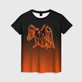 Женская футболка 3D с принтом Огненный орел , 100% полиэфир ( синтетическое хлопкоподобное полотно) | прямой крой, круглый вырез горловины, длина до линии бедер | bird | eagle | falcon | fiery | fire | neon | orange | арт | беркут | горящая птица | дикий | животные | крылья | неоновый | огненная птица | орел | орлан | перья | пламя | природа | птица | птица огонь | птичка | сокол