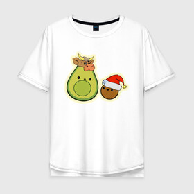 Мужская футболка хлопок Oversize с принтом Авокадо встречают год Быка , 100% хлопок | свободный крой, круглый ворот, “спинка” длиннее передней части | 2021 | авокадо | авокадо бык | авокадо дед мороз | авокадо мама и малыш | авокадо новогодний | авокадо новый год | авокадо семья | бык костюм | год быка | год быка авокадо | дед мороз