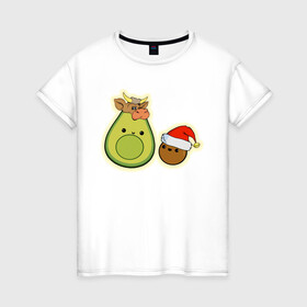 Женская футболка хлопок с принтом Авокадо встречают год Быка , 100% хлопок | прямой крой, круглый вырез горловины, длина до линии бедер, слегка спущенное плечо | 2021 | авокадо | авокадо бык | авокадо дед мороз | авокадо мама и малыш | авокадо новогодний | авокадо новый год | авокадо семья | бык костюм | год быка | год быка авокадо | дед мороз