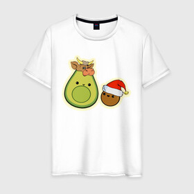 Мужская футболка хлопок с принтом Авокадо встречают год Быка , 100% хлопок | прямой крой, круглый вырез горловины, длина до линии бедер, слегка спущенное плечо. | Тематика изображения на принте: 2021 | авокадо | авокадо бык | авокадо дед мороз | авокадо мама и малыш | авокадо новогодний | авокадо новый год | авокадо семья | бык костюм | год быка | год быка авокадо | дед мороз