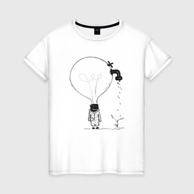 Женская футболка хлопок с принтом Absurd 4 , 100% хлопок | прямой крой, круглый вырез горловины, длина до линии бедер, слегка спущенное плечо | абстрактный | вода | голова | идея | иллюстрация | лампочка | мысли | растение | рисунок | росток | человечек | черно белый