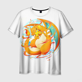 Мужская футболка 3D с принтом Пикачу и Чаризард , 100% полиэфир | прямой крой, круглый вырез горловины, длина до линии бедер | charizard | pikachu | аниме | огонь | пикачу | покемоны | чаризард | электричество