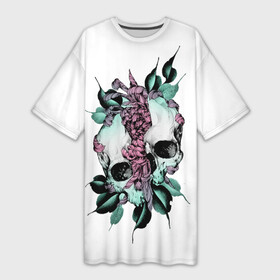 Платье-футболка 3D с принтом Череп с японскими цветами ,  |  | flowers | japan | jdm | skull and flowers | рок | рок мерч | с черепом | цветок с черепом | череп | череп и цветы | япония | японское