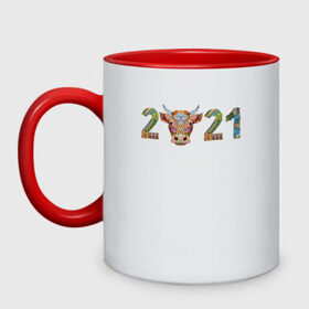 Кружка двухцветная с принтом Год быка 2021 , керамика | объем — 330 мл, диаметр — 80 мм. Цветная ручка и кайма сверху, в некоторых цветах — вся внутренняя часть | 2021 | 7 января | bull | newyear | santa | бык | быки | бычок | год быка | дед мороз | корова | новогодние каникулы | новогодние праздники | новый 2021 | новый год | новый год 2021 | рождество | сани | санта | санта клаус