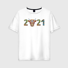 Женская футболка хлопок Oversize с принтом Год быка 2021 , 100% хлопок | свободный крой, круглый ворот, спущенный рукав, длина до линии бедер
 | 2021 | 7 января | bull | newyear | santa | бык | быки | бычок | год быка | дед мороз | корова | новогодние каникулы | новогодние праздники | новый 2021 | новый год | новый год 2021 | рождество | сани | санта | санта клаус