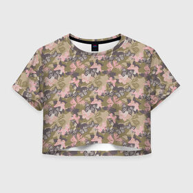 Женская футболка Crop-top 3D с принтом Камуфляж с бабочками , 100% полиэстер | круглая горловина, длина футболки до линии талии, рукава с отворотами | 