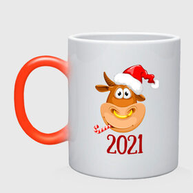 Кружка хамелеон с принтом Веселый бык 2021 , керамика | меняет цвет при нагревании, емкость 330 мл | 2021 | 7 января | bull | newyear | santa | бык | быки | бычок | год быка | дед мороз | корова | новогодние каникулы | новогодние праздники | новый 2021 | новый год | новый год 2021 | рождество | сани | санта | санта клаус