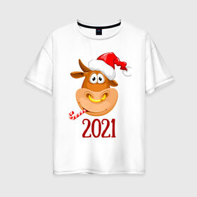 Женская футболка хлопок Oversize с принтом Веселый бык 2021 , 100% хлопок | свободный крой, круглый ворот, спущенный рукав, длина до линии бедер
 | 2021 | 7 января | bull | newyear | santa | бык | быки | бычок | год быка | дед мороз | корова | новогодние каникулы | новогодние праздники | новый 2021 | новый год | новый год 2021 | рождество | сани | санта | санта клаус