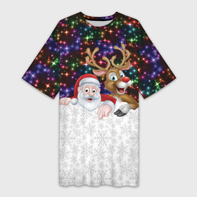 Платье-футболка 3D с принтом Новый Год ,  |  | Тематика изображения на принте: christmas | merry christmas | дед мороз | ёлка | зима | мороз | новогодний олень | новый год | подарок | праздник | рождество | с новым годом | санта клаус | снегурочка | снежинки