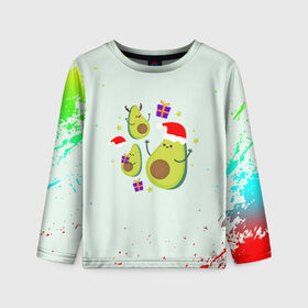 Детский лонгслив 3D с принтом Новогодние Авокадо , 100% полиэстер | длинные рукава, круглый вырез горловины, полуприлегающий силуэт
 | авокадо | веган | еда блогеров | мемы | минимализм | прикольные картинки | прикольные надписи | растение | смешное авокадо | фрукт