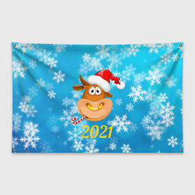 Флаг-баннер с принтом Год быка 2021 , 100% полиэстер | размер 67 х 109 см, плотность ткани — 95 г/м2; по краям флага есть четыре люверса для крепления | 2021 | 7 января | bull | newyear | santa | бык | быки | бычок | год быка | дед мороз | корова | новогодние каникулы | новогодние праздники | новый 2021 | новый год | новый год 2021 | рождество | сани | санта | санта клаус