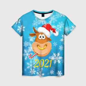 Женская футболка 3D с принтом Год быка 2021 , 100% полиэфир ( синтетическое хлопкоподобное полотно) | прямой крой, круглый вырез горловины, длина до линии бедер | 2021 | 7 января | bull | newyear | santa | бык | быки | бычок | год быка | дед мороз | корова | новогодние каникулы | новогодние праздники | новый 2021 | новый год | новый год 2021 | рождество | сани | санта | санта клаус