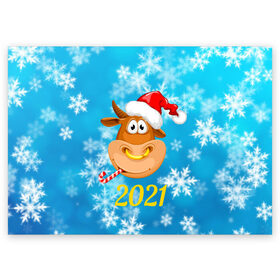 Поздравительная открытка с принтом Год быка 2021 , 100% бумага | плотность бумаги 280 г/м2, матовая, на обратной стороне линовка и место для марки
 | 2021 | 7 января | bull | newyear | santa | бык | быки | бычок | год быка | дед мороз | корова | новогодние каникулы | новогодние праздники | новый 2021 | новый год | новый год 2021 | рождество | сани | санта | санта клаус