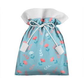 Подарочный 3D мешок с принтом Цветочки и листики на голубом , 100% полиэстер | Размер: 29*39 см | 8 марта | весна | день рождения | коралловый | лето | листики | паттерн | праздник | узор | цветочки