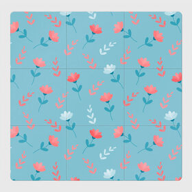 Магнитный плакат 3Х3 с принтом Цветочки и листики на голубом , Полимерный материал с магнитным слоем | 9 деталей размером 9*9 см | 8 марта | весна | день рождения | коралловый | лето | листики | паттерн | праздник | узор | цветочки