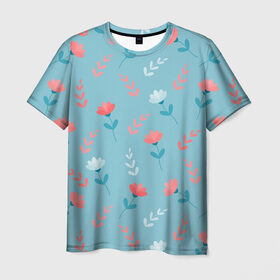 Мужская футболка 3D с принтом Цветочки и листики на голубом , 100% полиэфир | прямой крой, круглый вырез горловины, длина до линии бедер | 8 марта | весна | день рождения | коралловый | лето | листики | паттерн | праздник | узор | цветочки