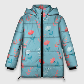 Женская зимняя куртка 3D с принтом Цветочки и листики на голубом , верх — 100% полиэстер; подкладка — 100% полиэстер; утеплитель — 100% полиэстер | длина ниже бедра, силуэт Оверсайз. Есть воротник-стойка, отстегивающийся капюшон и ветрозащитная планка. 

Боковые карманы с листочкой на кнопках и внутренний карман на молнии | 8 марта | весна | день рождения | коралловый | лето | листики | паттерн | праздник | узор | цветочки