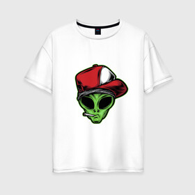 Женская футболка хлопок Oversize с принтом Alien gangster , 100% хлопок | свободный крой, круглый ворот, спущенный рукав, длина до линии бедер
 | alien | бандит | гангстер | инопланетянин | кепка | крутой | нло | опасный | пришелец | хипстер