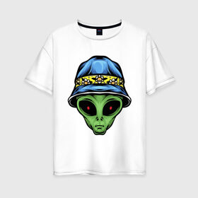 Женская футболка хлопок Oversize с принтом Alien in panama , 100% хлопок | свободный крой, круглый ворот, спущенный рукав, длина до линии бедер
 | alien | инопланетянин | кепка | нло | пришелец | хипстер | шляпа