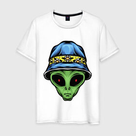 Мужская футболка хлопок с принтом Alien in panama , 100% хлопок | прямой крой, круглый вырез горловины, длина до линии бедер, слегка спущенное плечо. | Тематика изображения на принте: alien | инопланетянин | кепка | нло | пришелец | хипстер | шляпа