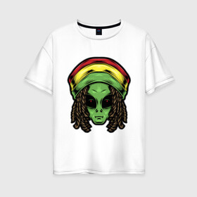 Женская футболка хлопок Oversize с принтом Reggae alien , 100% хлопок | свободный крой, круглый ворот, спущенный рукав, длина до линии бедер
 | alien | волосы | инопланетянин | кепка | нло | пришелец | растаман | регги | хипстер | шляпа