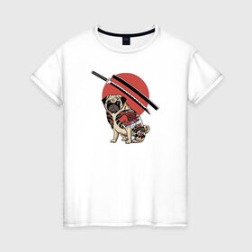 Женская футболка хлопок с принтом Yakuza , 100% хлопок | прямой крой, круглый вырез горловины, длина до линии бедер, слегка спущенное плечо | животные | катана | мопс | самурай | хипстеры | якудза | япония
