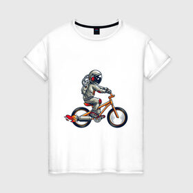 Женская футболка хлопок с принтом Астронавт на велосипеде , 100% хлопок | прямой крой, круглый вырез горловины, длина до линии бедер, слегка спущенное плечо | астронавт | велосипед | космонавт | космос | костюм | ракеты | скафандр | хипстер | шлем