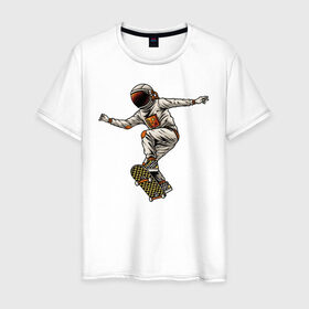 Мужская футболка хлопок с принтом Астронавт на скейте , 100% хлопок | прямой крой, круглый вырез горловины, длина до линии бедер, слегка спущенное плечо. | 