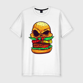 Мужская футболка хлопок Slim с принтом Голодный бургер , 92% хлопок, 8% лайкра | приталенный силуэт, круглый вырез ворота, длина до линии бедра, короткий рукав | бургер | бутерброд | голодный | кровь | мясо | хипстер | череп