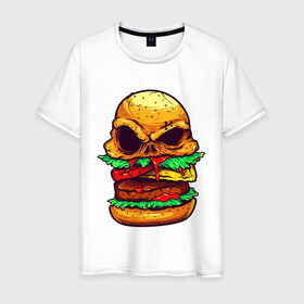 Мужская футболка хлопок с принтом Голодный бургер , 100% хлопок | прямой крой, круглый вырез горловины, длина до линии бедер, слегка спущенное плечо. | Тематика изображения на принте: бургер | бутерброд | голодный | кровь | мясо | хипстер | череп