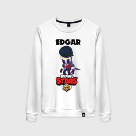 Женский свитшот хлопок с принтом BRAWL STARS EDGAR. , 100% хлопок | прямой крой, круглый вырез, на манжетах и по низу широкая трикотажная резинка  | 8 bit | brawl stars | byron | colette | crow | edgar | gale | leon | max | mr.p | sally leon | shark | virus 8 bit | werewolf leon | акула | байрон | берли | бравл старс | ворон | коллет | макс | оборотень | эдгар