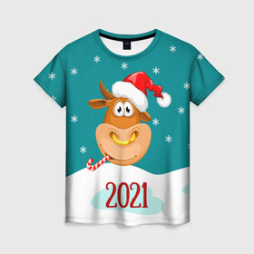 Женская футболка 3D с принтом 2021 Год быка , 100% полиэфир ( синтетическое хлопкоподобное полотно) | прямой крой, круглый вырез горловины, длина до линии бедер | 2021 | 7 января | bull | newyear | santa | бык | быки | бычок | год быка | дед мороз | корова | новогодние каникулы | новогодние праздники | новый 2021 | новый год | новый год 2021 | рождество | сани | санта | санта клаус