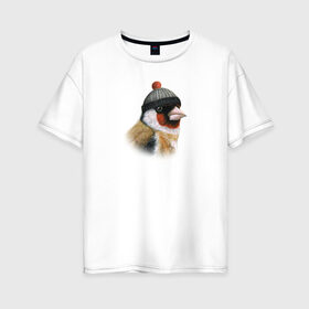 Женская футболка хлопок Oversize с принтом Щегол , 100% хлопок | свободный крой, круглый ворот, спущенный рукав, длина до линии бедер
 | животные | пастель | птицы | птицы в шляпах | рисунок | шапка с помпоном | щегол