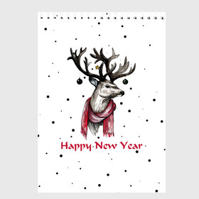 Скетчбук с принтом Happy New Year , 100% бумага
 | 48 листов, плотность листов — 100 г/м2, плотность картонной обложки — 250 г/м2. Листы скреплены сверху удобной пружинной спиралью | christmas toys | deer | deer print | happy new year | new year | snow | snowflakes | tree | новогодний принт | новогодний свитер | новогодняя футболка | новый год | олени | принт оленя | с новым годом | с оленями | снег
