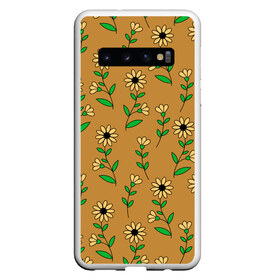 Чехол для Samsung Galaxy S10 с принтом Цветочки на темно желтом фоне , Силикон | Область печати: задняя сторона чехла, без боковых панелей | 8 марта | весна | день рождения | желтый | зеленый | лето | листья | орнамент | паттерн | праздник | природа | растения | узор | цветы | черный