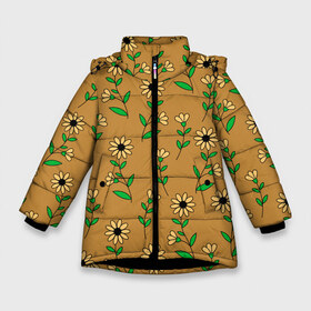 Зимняя куртка для девочек 3D с принтом Цветочки на темно желтом фоне , ткань верха — 100% полиэстер; подклад — 100% полиэстер, утеплитель — 100% полиэстер. | длина ниже бедра, удлиненная спинка, воротник стойка и отстегивающийся капюшон. Есть боковые карманы с листочкой на кнопках, утяжки по низу изделия и внутренний карман на молнии. 

Предусмотрены светоотражающий принт на спинке, радужный светоотражающий элемент на пуллере молнии и на резинке для утяжки. | 8 марта | весна | день рождения | желтый | зеленый | лето | листья | орнамент | паттерн | праздник | природа | растения | узор | цветы | черный