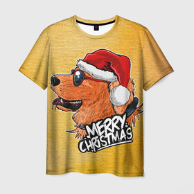 Мужская футболка 3D с принтом Dog Xmas , 100% полиэфир | прямой крой, круглый вырез горловины, длина до линии бедер | Тематика изображения на принте: new year | арт | графика | дед мороз | зима | новый год | рождество | санта