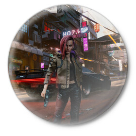 Значок с принтом Cyberpunk 2077 ,  металл | круглая форма, металлическая застежка в виде булавки | 2077 | action | cyberpunk | cyberpunk 2077 | rpg | игра | киберпанк | найт сити | рпг