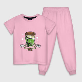 Детская пижама хлопок с принтом Кофе медитирует , 100% хлопок |  брюки и футболка прямого кроя, без карманов, на брюках мягкая резинка на поясе и по низу штанин
 | йога | кофе | лицо | медитация | отдых | стакан | хипстер | чилл