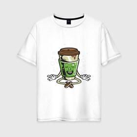 Женская футболка хлопок Oversize с принтом Кофе медитирует , 100% хлопок | свободный крой, круглый ворот, спущенный рукав, длина до линии бедер
 | йога | кофе | лицо | медитация | отдых | стакан | хипстер | чилл