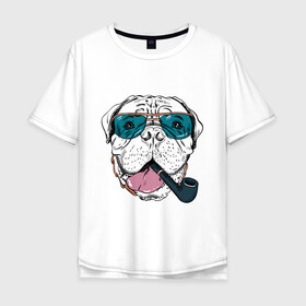 Мужская футболка хлопок Oversize с принтом Бульмастиф , 100% хлопок | свободный крой, круглый ворот, “спинка” длиннее передней части | Тематика изображения на принте: бульмастиф | очки | собака | трубка | хипстер | язык