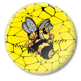 Значок с принтом Дикая пчела ,  металл | круглая форма, металлическая застежка в виде булавки | дикая пчела | жало | мед | насекомые | опасность | соты | текстура | шершень