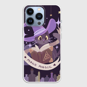 Чехол для iPhone 13 Pro с принтом Make Magic   делаем магию ,  |  | Тематика изображения на принте: book | halloween | magic | spell | spellbook | witch | ведьма | ведьмин кот | волшебник | волшебство | заклинание | книга | кот | магия | фамильяр | хэллоуин | чародей | чародейка