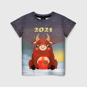 Детская футболка 3D с принтом Бык с подарками 2021 , 100% гипоаллергенный полиэфир | прямой крой, круглый вырез горловины, длина до линии бедер, чуть спущенное плечо, ткань немного тянется | 2021 | 7 января | bull | newyear | santa | бык | быки | бычок | год быка | дед мороз | корова | новогодние каникулы | новогодние праздники | новый 2021 | новый год | новый год 2021 | рождество | сани | санта | санта клаус